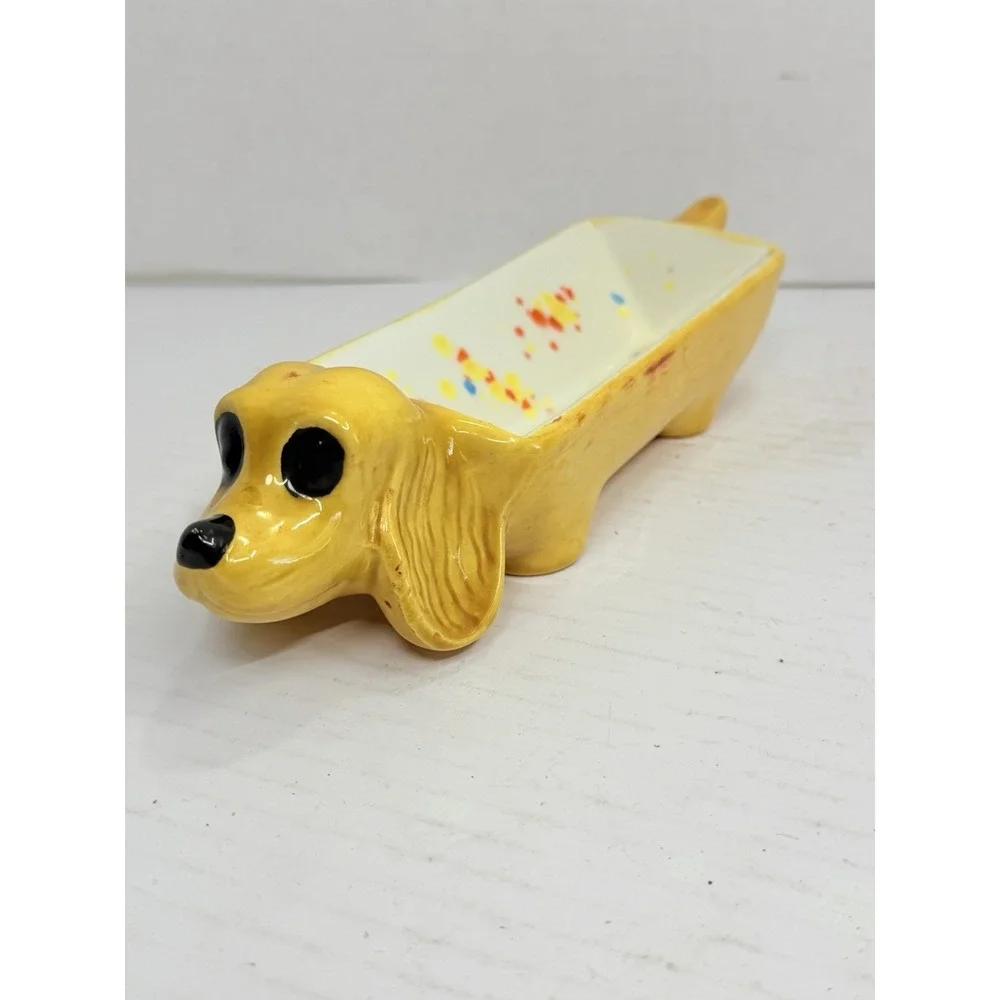 Ceramic Dachshund Dog Planter Trinket Dish Catchall Yellow 10